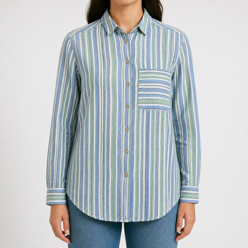 Urban Outfitters Top Womens Large Blue Green Striped 100% Cotton Long Sleeve